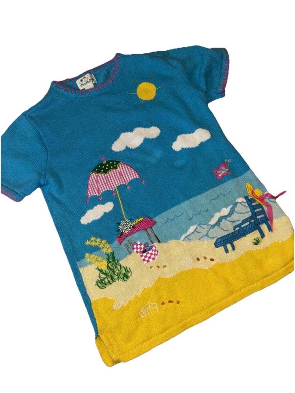 Vtg Quacker Factory Summer Beach Umbrella Sweater S Embellished Beaded Cotton
